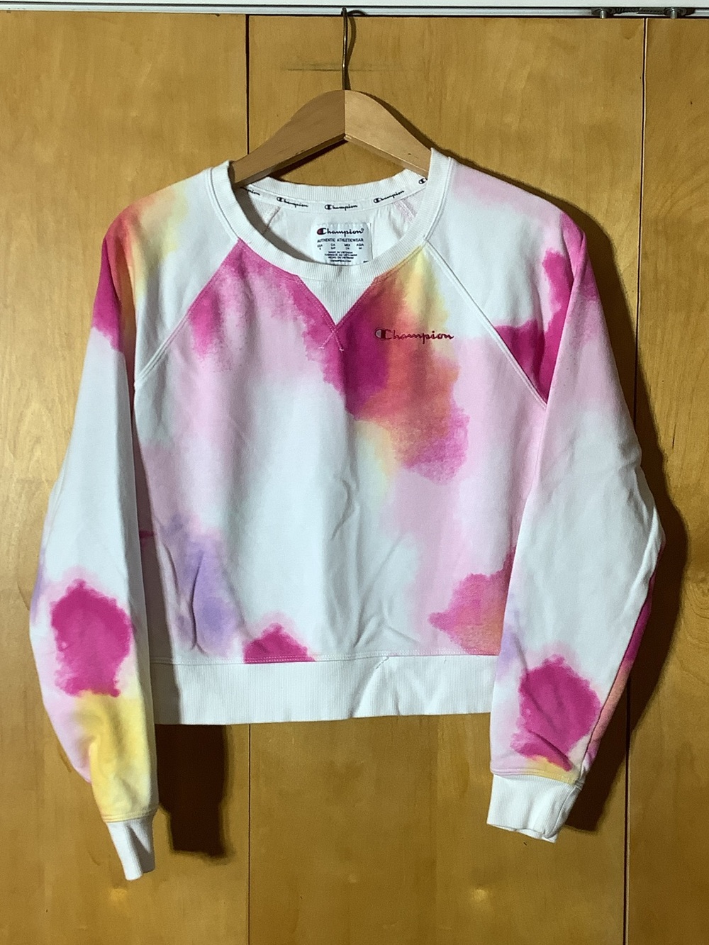 Champion paint splotched cropped reverse weave hoodie, size small